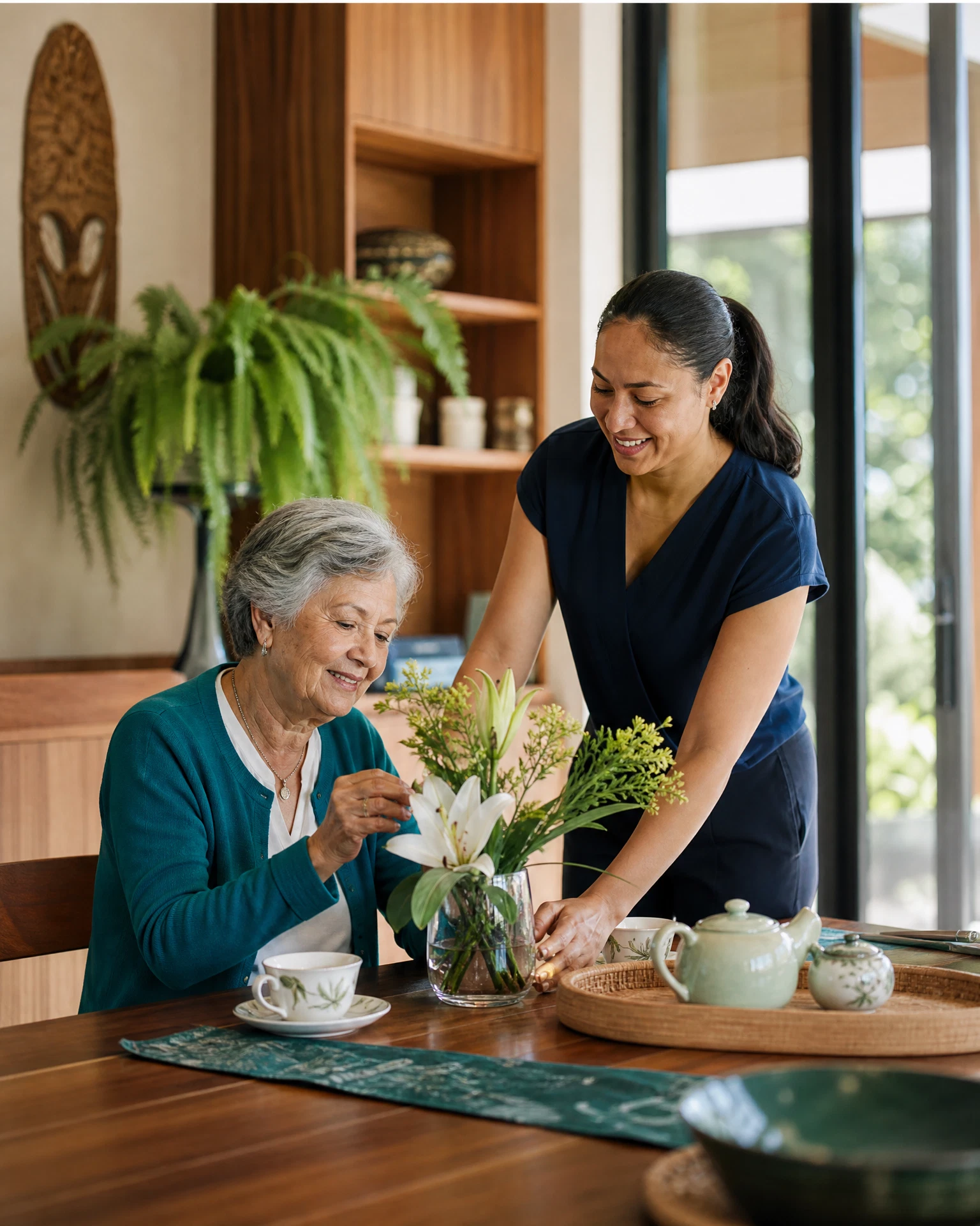 Support worker and older adult enjoying time at home